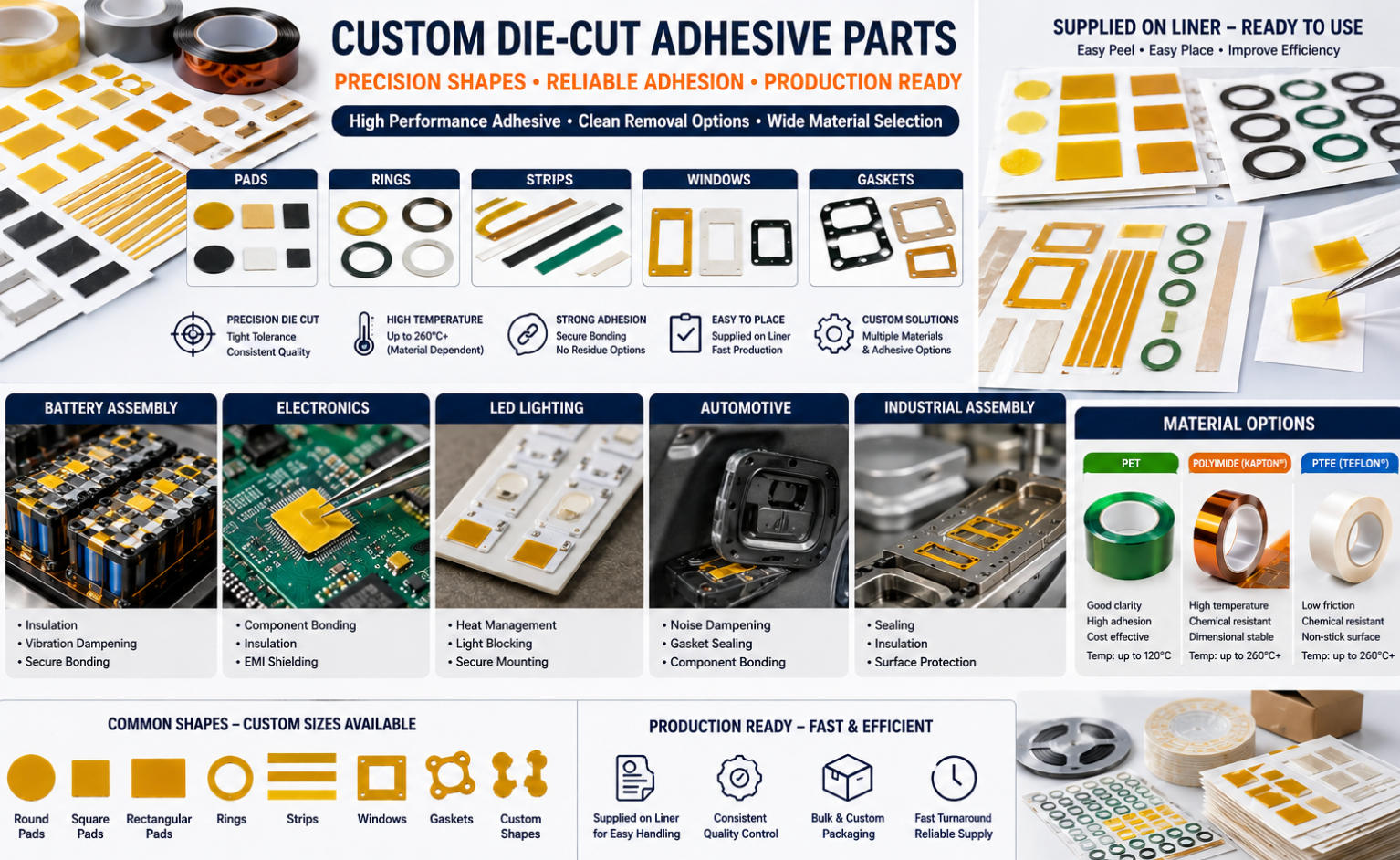 Cut hand-trimming, fit errors, and slow assembly. Use die cuts and custom parts for cleaner bonding, insulation, gasketing, and repeatable production.